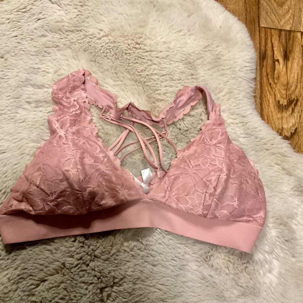 Victorias Secret Pink Lace Bralette Size XL Blush Pink Womens Cross Strap